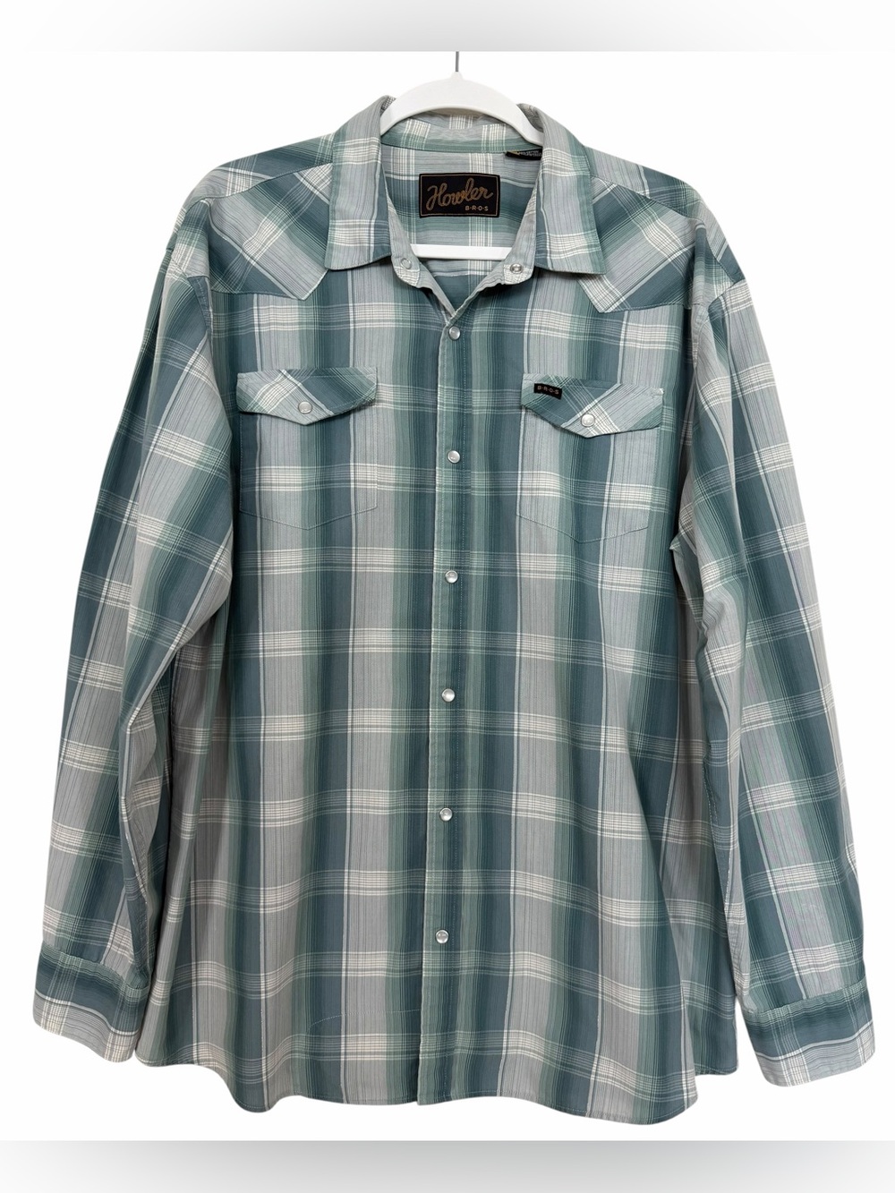 Howler Bros Long Sleeve Snap Shirt Plaid Western Blue Green Metallic Size XL